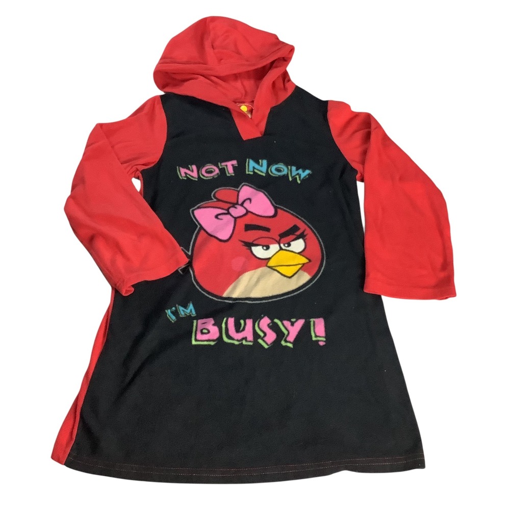 Angry Birds Nightgown Girls Size 10 Red Black Not Now I'm Busy Hooded Fleece